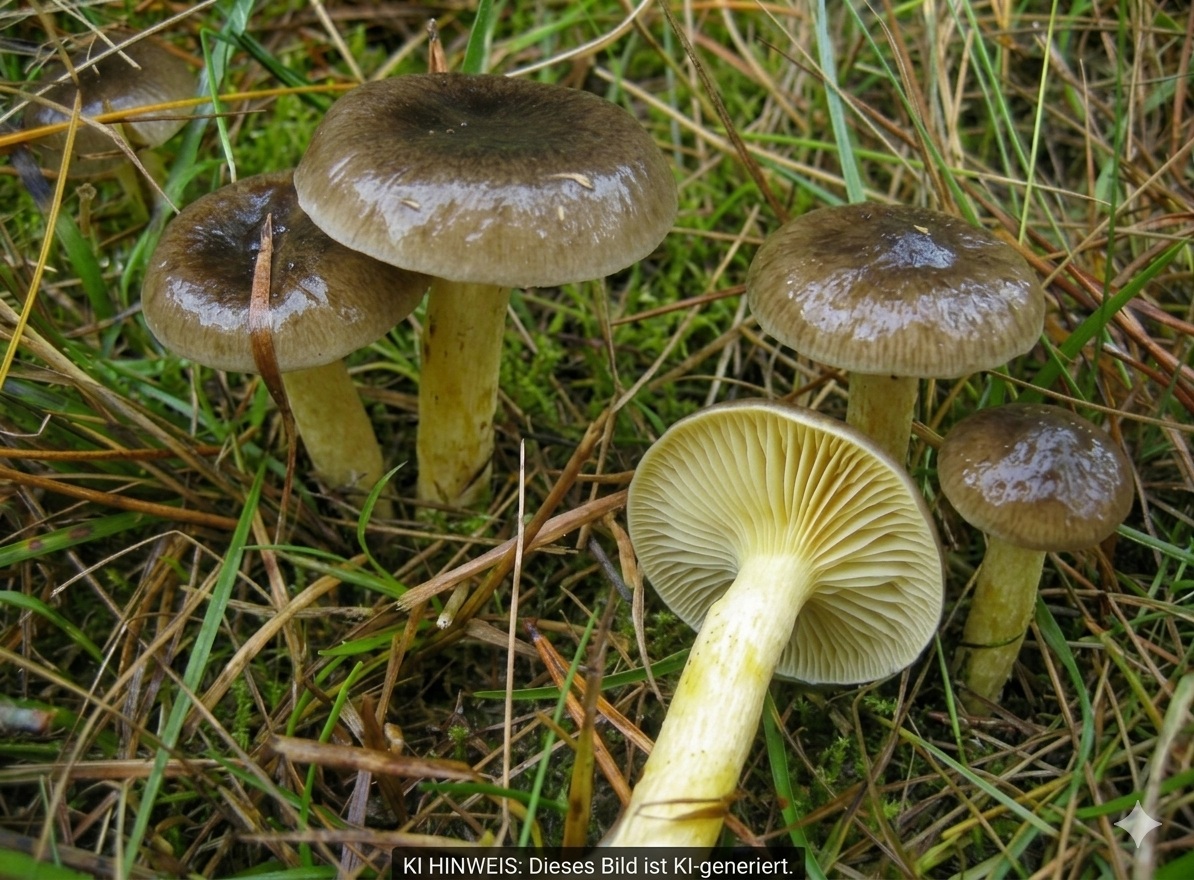Frost-Schneckling - Bild exemplarisch, KI generiert. Wichtige Merkmale sind: Wachstum nach dem ersten Frost. Dunkler Hut, gebliche (anfangs weißlich) Lamellen und Stiel. Die Huthaut ist bei Feuchtigkeit schleimig bis schmierig.  