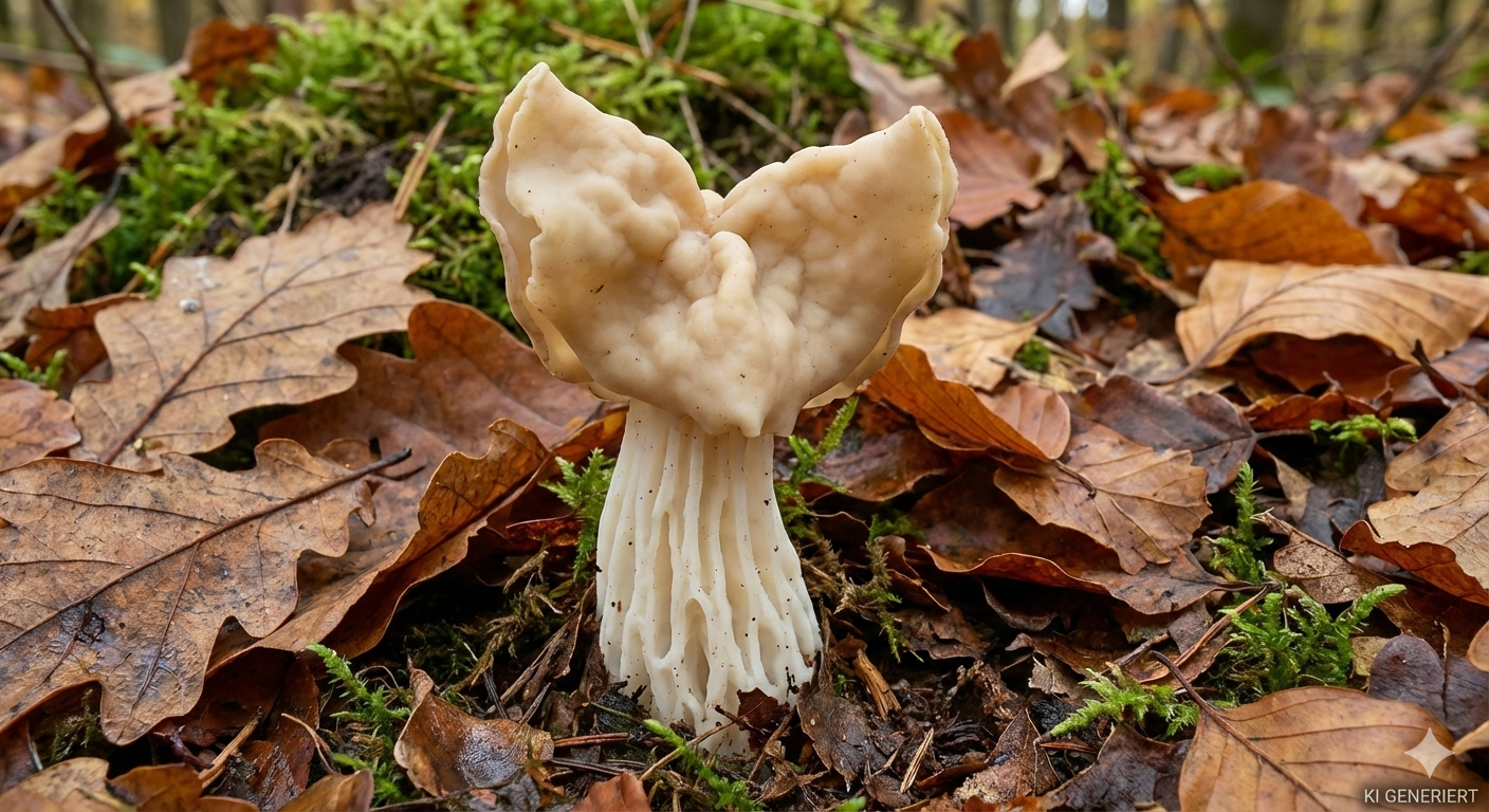 Herbst-Lorchel - Bild exemplarisch, KI generiert. Der Fruchtkörper ist weißlich mit gelblichen und hellbräunlichen Farbtönen und hat eine äußerst markante Form. 