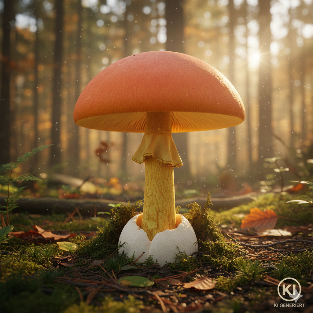 Kaiserling - Foto exemplarisch, KI generiert. Markant sind die orangerötlichen Farben, der hängende Ring und die (dauerhate) Volva. 