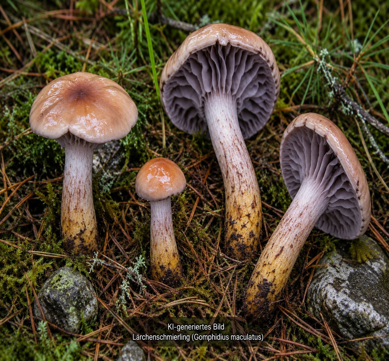 Lärchen-Schmierling - Bild exemplarisch, KI generiert. Die Lamellen laufen am Stiel herab und werden mit der Zeit immer dunkler durch das Sporenpulver. Auf Druck ist der Pilz weinrötlich bis dunkel fleckend. Die Stielbasis ist gelblich. 