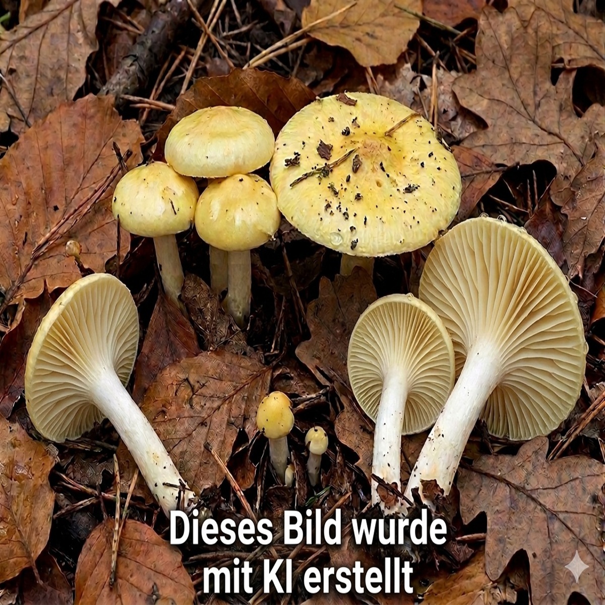 Lärchen-Schneckling - Bild exemplarisch, KI generiert. Zwei wichtige Bestimmungsmerkmale sind: Wachstum unter Lärchen und zitronengelbe Hutfärbung. 