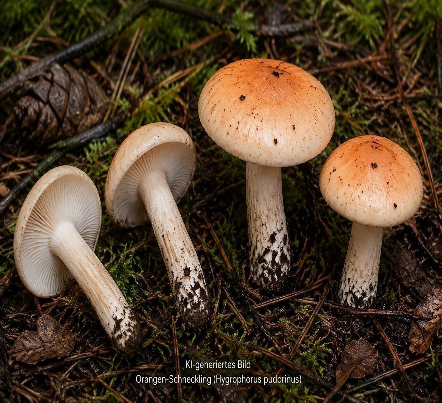 Orange-Schneckling - Bild exemplarisch, KI generiert. Charakteristisch ist die fleischrosa bis orangefarbene Hutfärbung. Der Pilz kommt ausschließlich im Nadelwald, häufig unter Weißtannen vor. 