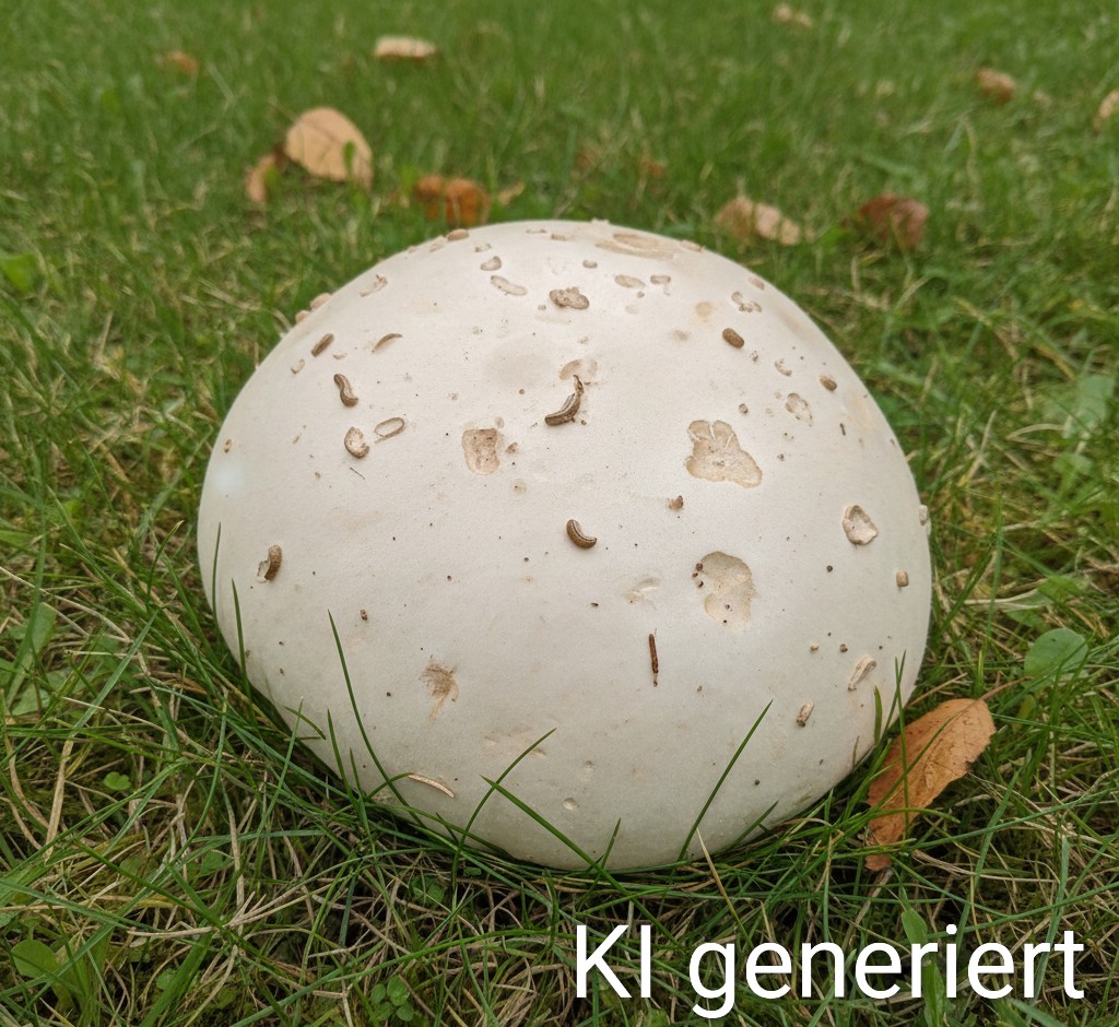 Riesenbovist - Bild exemplarisch. Ki generiert. In diesem ausgewachsenen Zustand praktisch nicht mehr zu verwechseln. Er kann so groß wie ein Kinderkopf werden. Essbar ist er solange das Fleisch komplett weiß ist. 